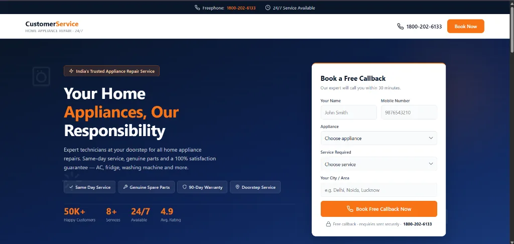 CustomerService 24/7 doorstep appliance repair landing page design and conversion rate optimization