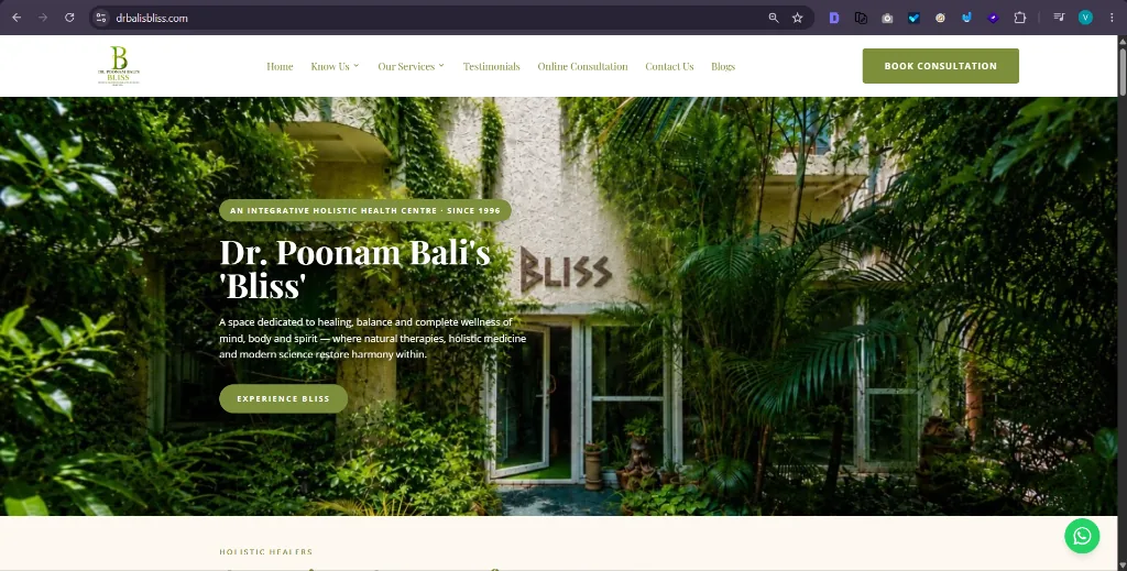 Dr Poonam Bali Bliss holistic wellness center website design and development project in Delhi