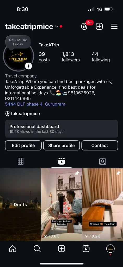 Travel and tourism social media marketing campaign dashboard with 19.5K views managed by Virtual Agency