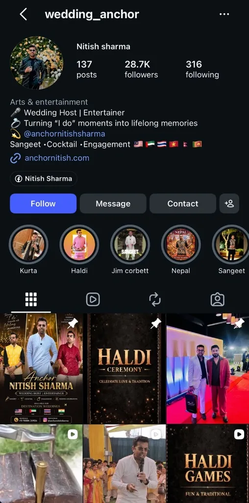 Instagram grid architecture and creative post design for wedding anchor social media management in Delhi